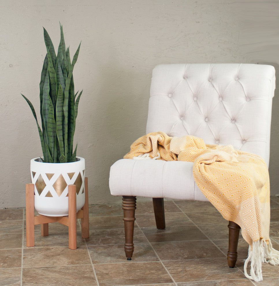 Large Hand Painted Fiber Clay Pot 10'' With Wood Plant Stand Set Natural Color