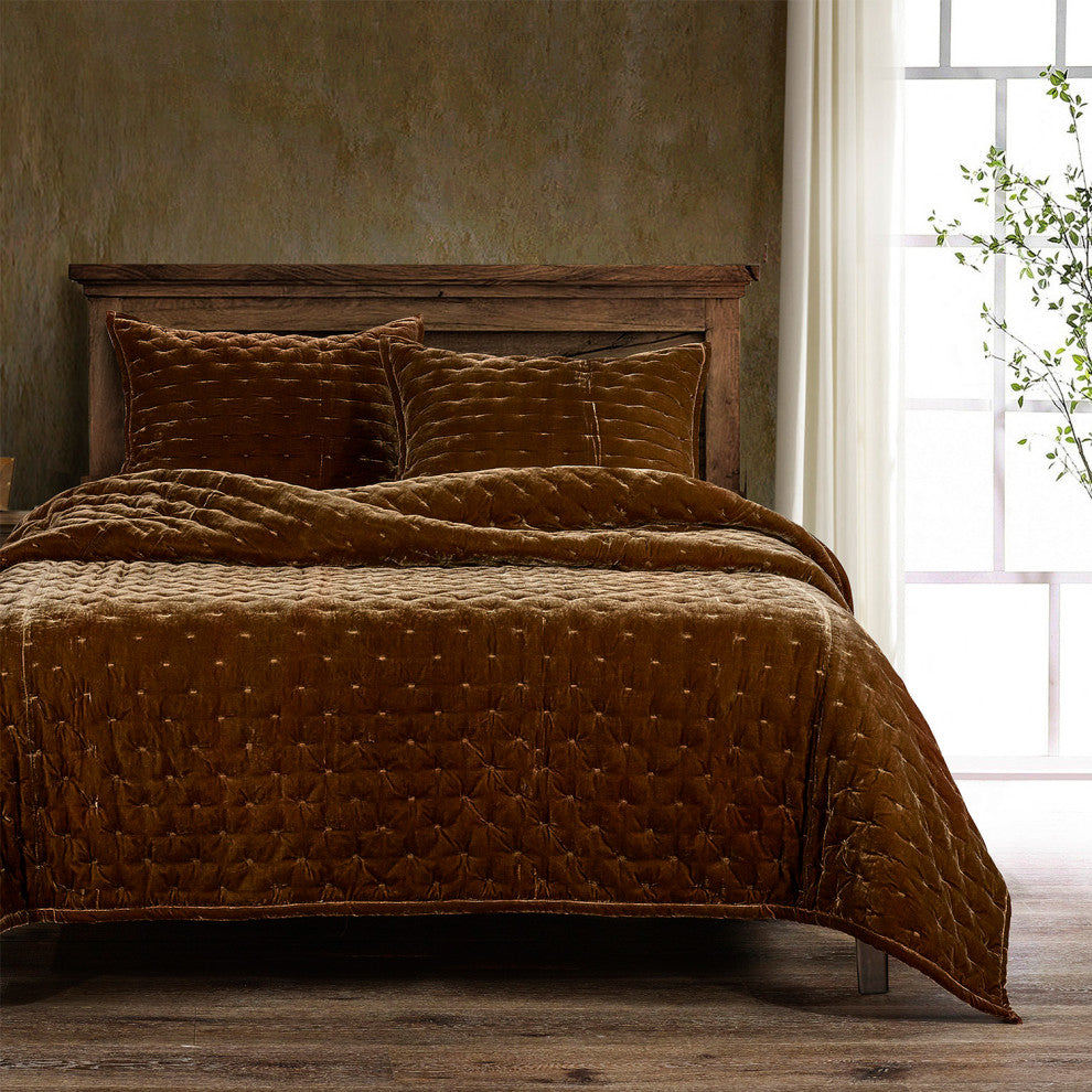 Stella Faux Silk Velvet Quilt, Copper Brown, Twin
