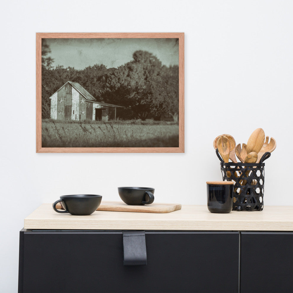 Patriotic Barn in Field Vintage Black and White Framed Photo Wall Art Print, Red Oak, 16" X 20"