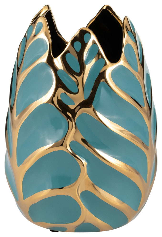 Ceramic 8"H Leaf Vase, Turquoise/Gold