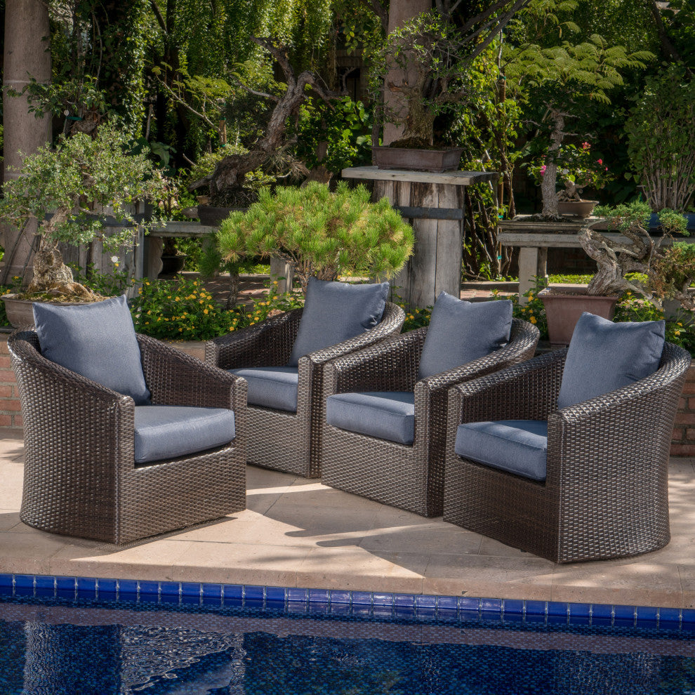 GDF Studio Dillard Outdoor Mix Brown Wicker Swivel Club Chair, Navy Blue, Set of 4