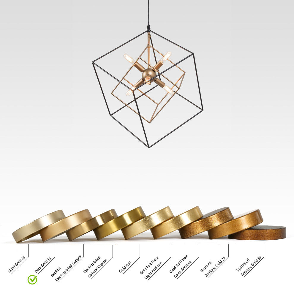 LNC Contemporary Minimalist Square Frame 6-Light Chandelier, Black and Gold