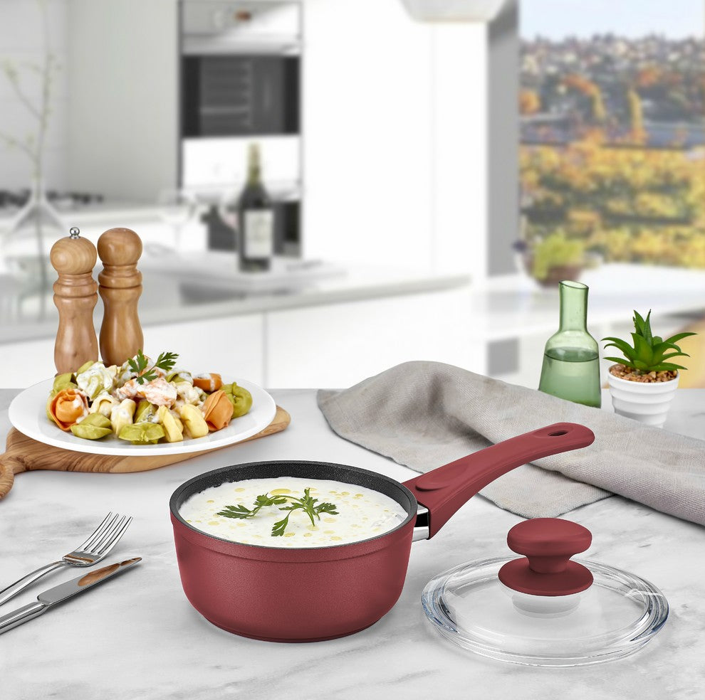 Saflon Titanium Nonstick Sauce Pan with Glass Lid, PFOA Free, Red, 3-Quart