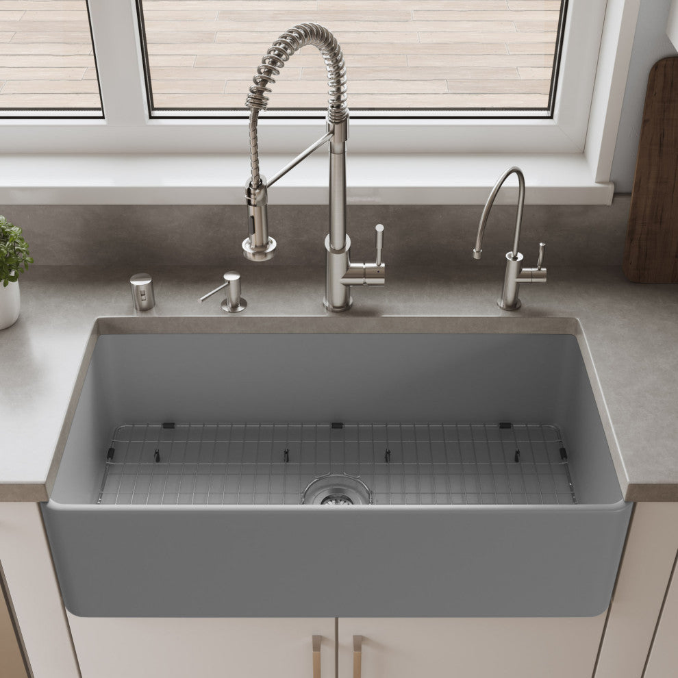 ALFI brand ABF3618-GM Gray Matte Smooth Apron 36" x 18" Fireclay Farm Sink