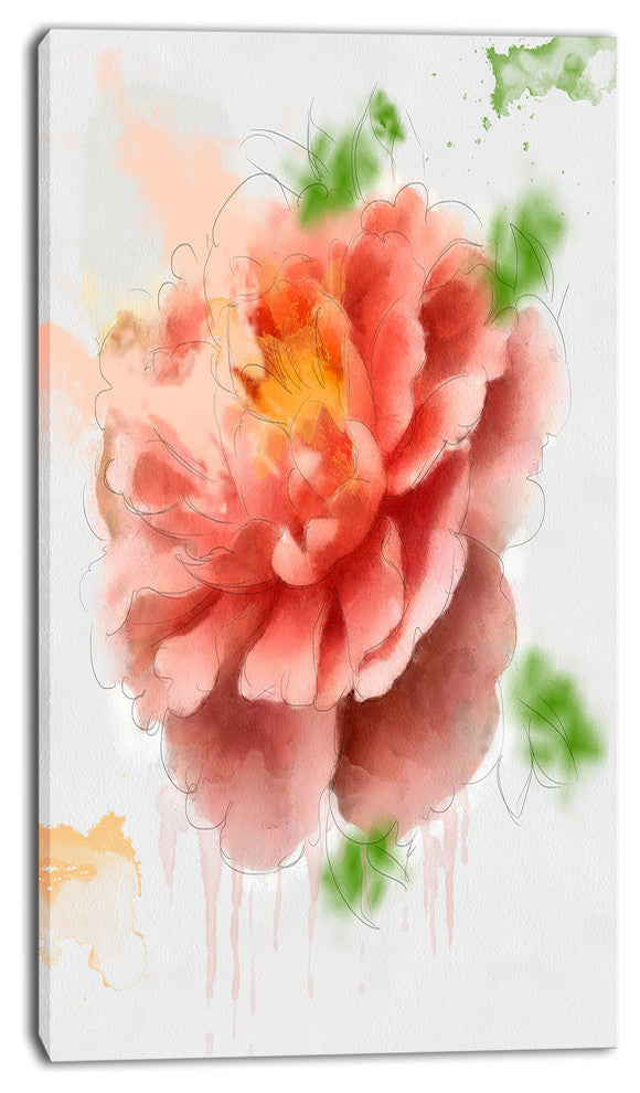 Light Red Rose Sketch Watercolor, Floral Canvas Art Print, 16"x32"