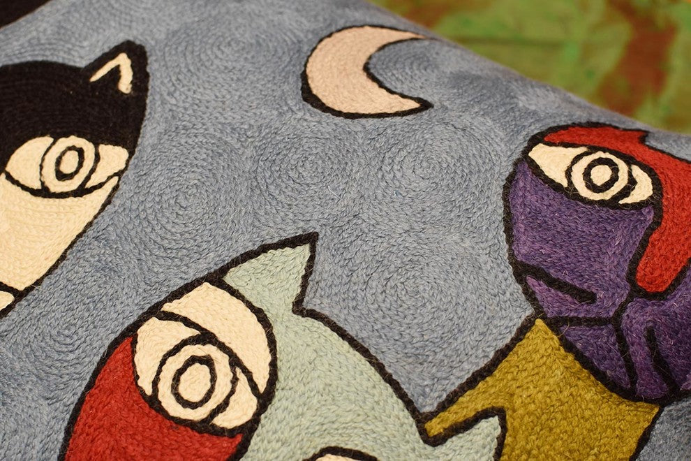 Picasso Cat Pillow Cover Quadruplets II Hand Embroidered Wool 18x18"