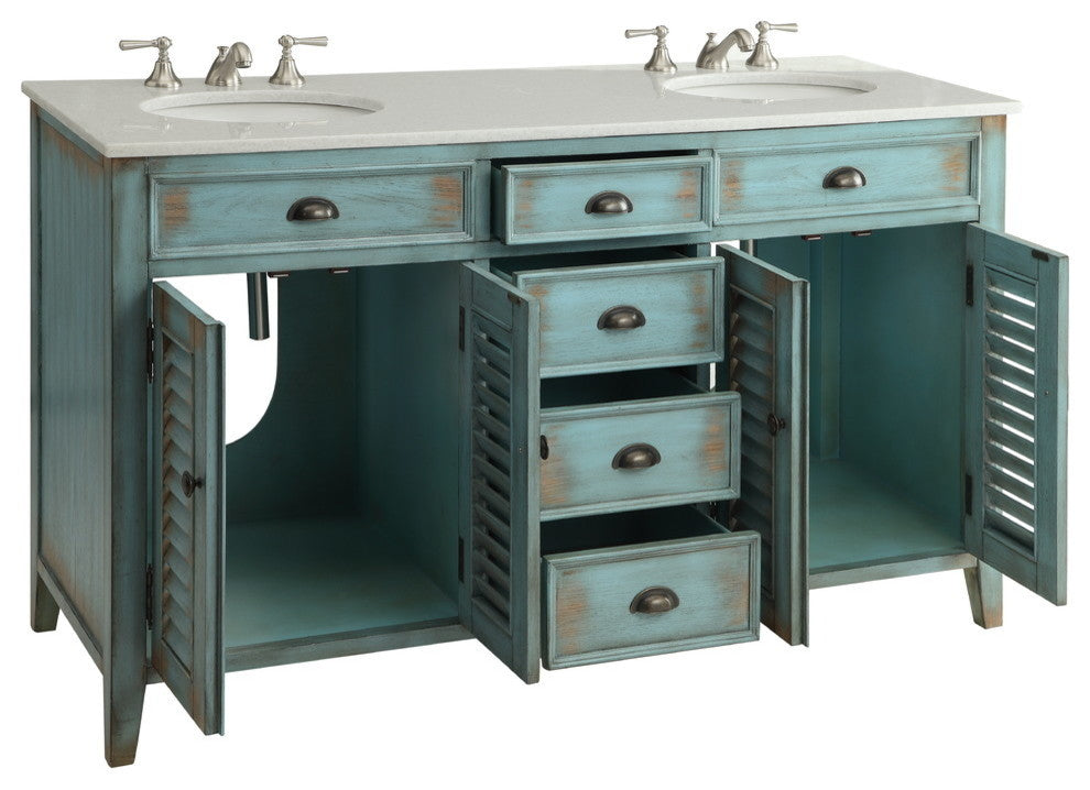 60" White Marble Blue Abbeville Cottage Double Sink Vanity Cf88324-60Bu