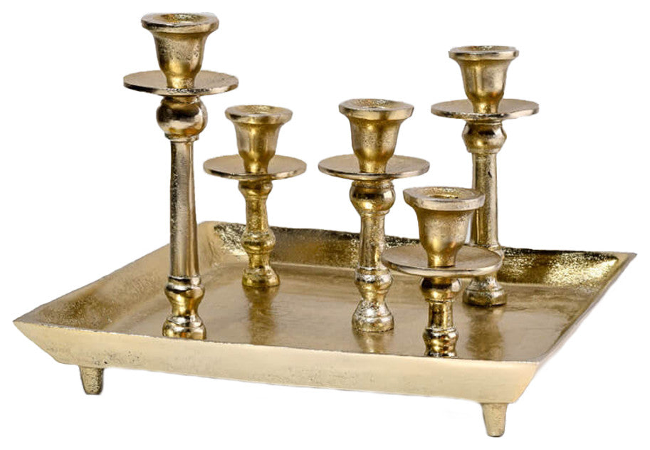 Serene Spaces Living Gold Candlesticks on Square Tray, 12.75" Square & 9" Tall