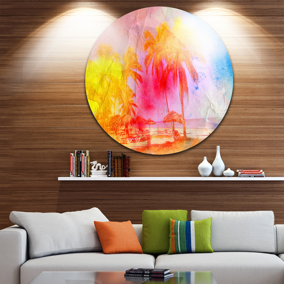 Retro Palms Yellow Watercolor, Trees Painting Disc Metal Artwork, 36"