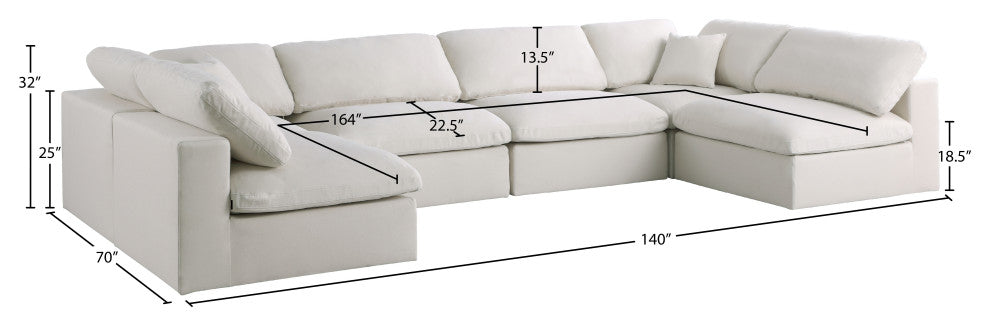 Plush Velvet / Down Standard Comfort 6-Piece U-Shaped Modular Sectional, Cream