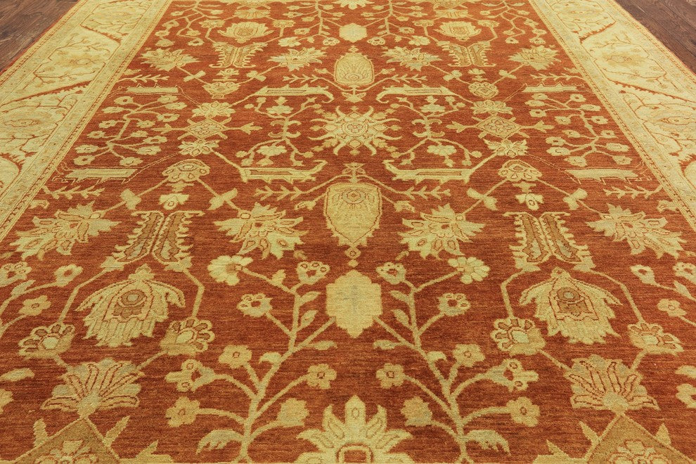 Orange Oushak Chobi Hand-Knotted Wool Rug, 9'x12'