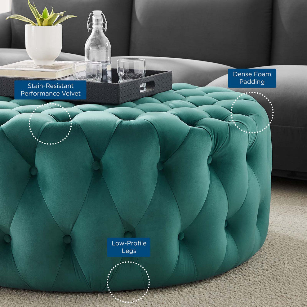 Round Ottoman Accent Tufted Chair, Teal Blue, Velvet, Modern, Cafe Hospitality