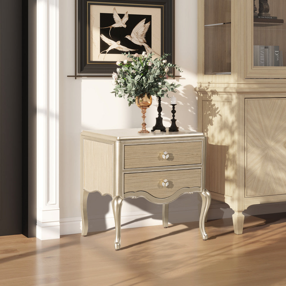 Helena 25" 2-Drawer Gold Accent Solid Wood Storage Side Table, Natural Brown