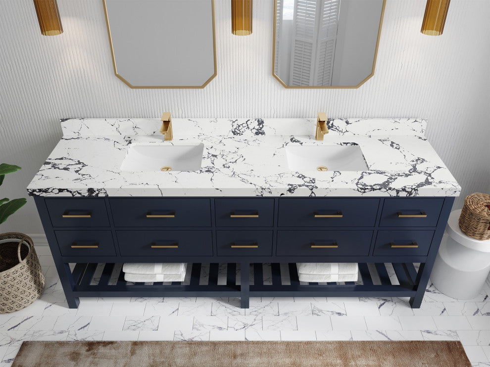 Parker 84" Double Sink Bath Vanity, Navy Blue 2" Viola Night