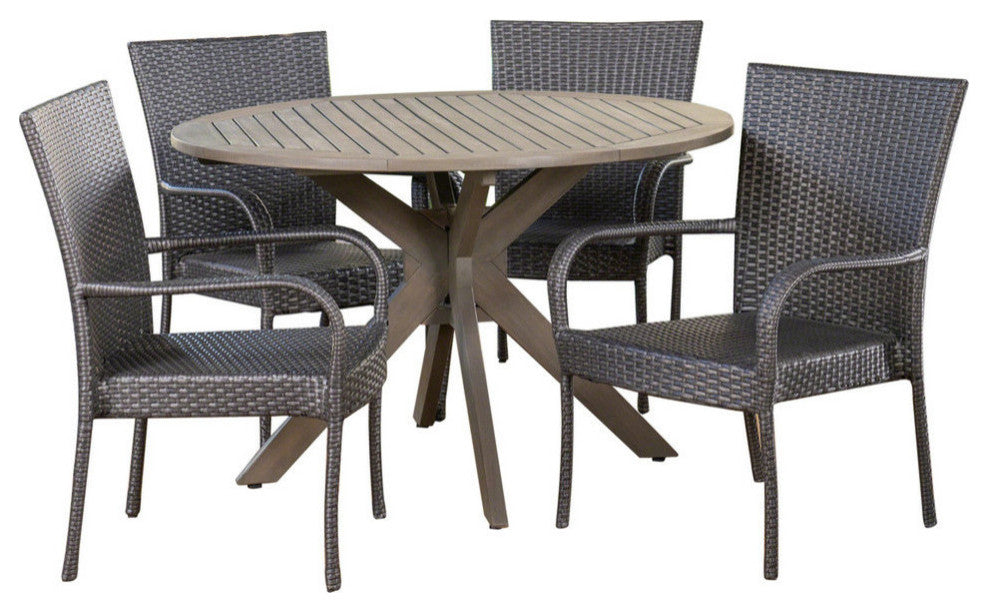 GDF Studio 5-Piece Murrary Outdoor Wood and Wicker Dining Set, Gray and Gray