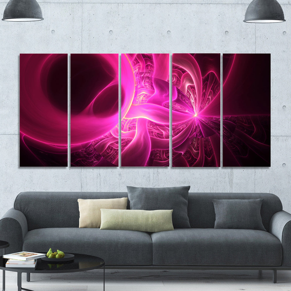 Bright Pink Designs on Black, Abstract Wall Art Canvas, 60"x28", 5 Panels