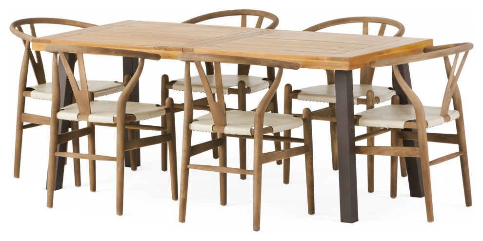Egan Farmhouse Acacia Wood and Faux Leather 7 Piece Dining Set, Tan + Antique + Rustic Metal + Natural Stained