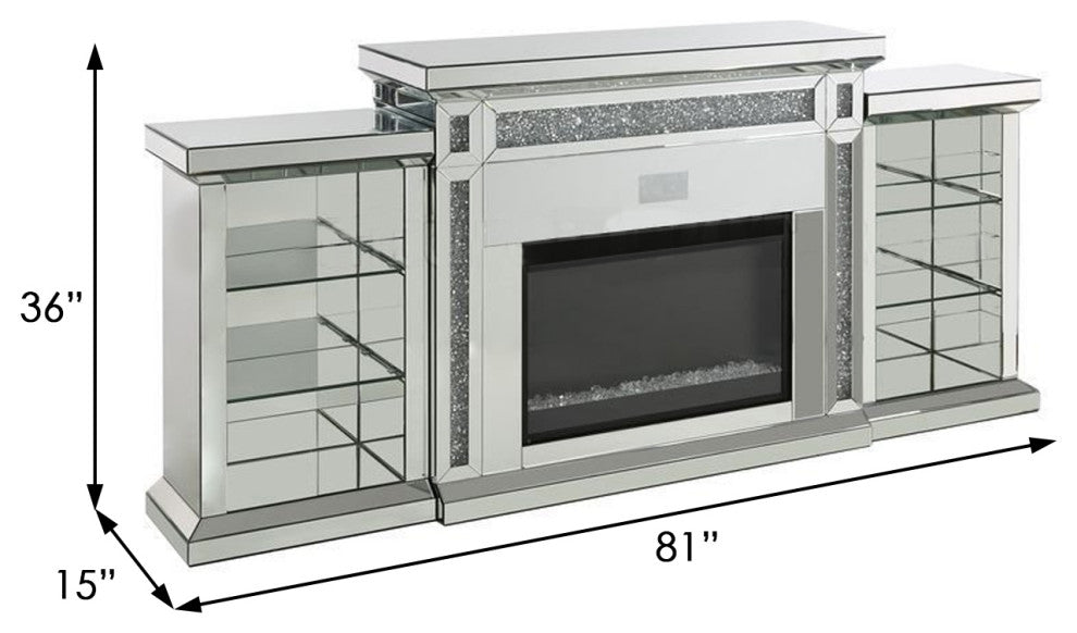 Benzara BM266450 Fireplace With LED and Mirrored Finish, Silver and Black