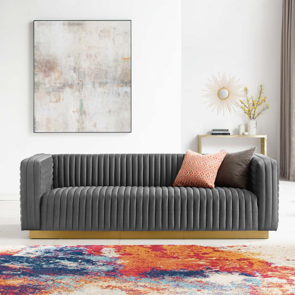 Charisma Channel Tufted Performance Velvet Living Room Sofa - Charcoal