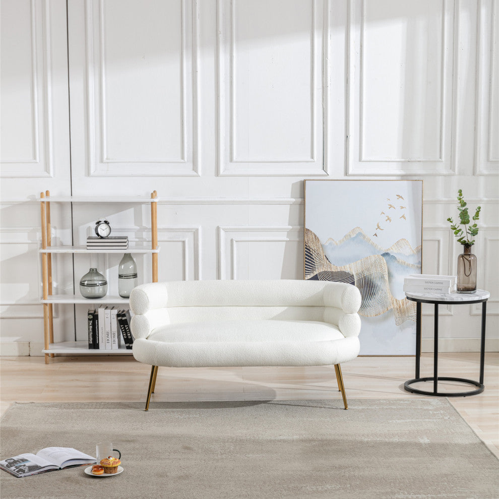 53" Round Arm Settee with Metal Legs, White, 53"