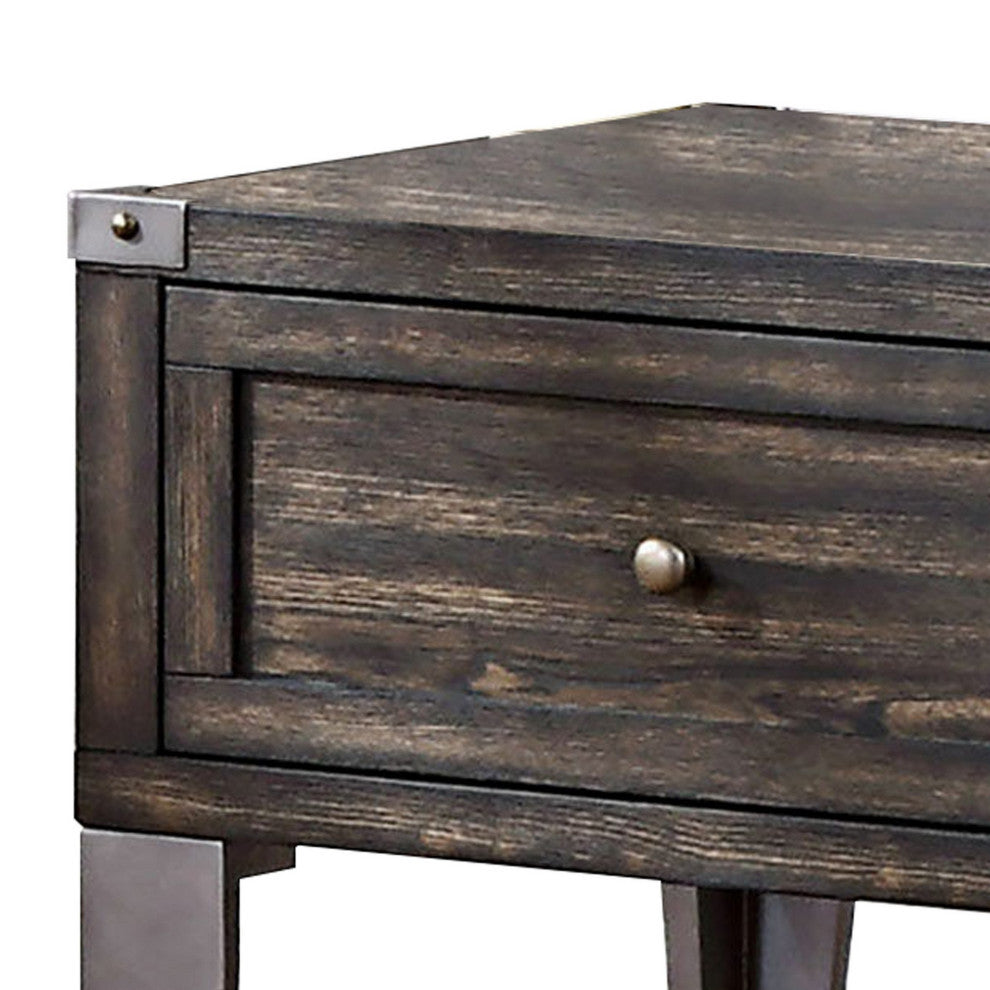 1 Drawer Wooden End Table with Metal Angled Legs, Brown