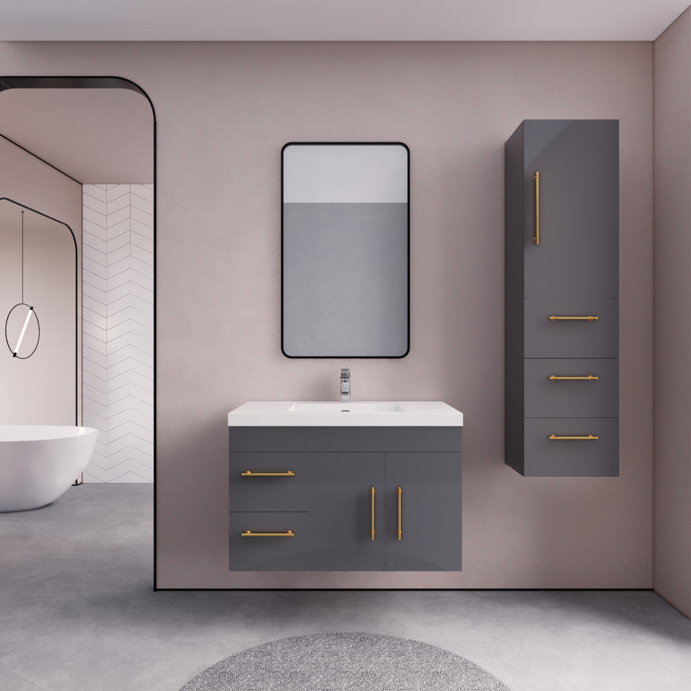 Rosa 36" Wall Mounted Modern Vanity, High Gloss Gray, Glossy White Top
