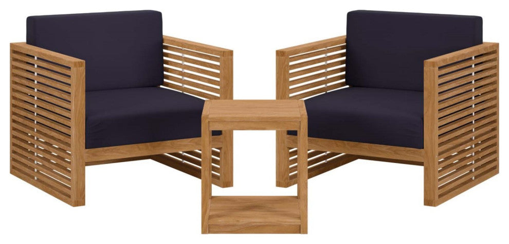 Lounge Chair ArmchairTable Set, Blue Navy Natural, Teak Wood, Outdoor Garden