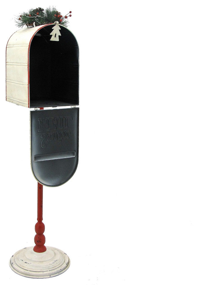 Standing "Santa's Mail" Christmas Mailbox With Light-Up Wreath, Antique White