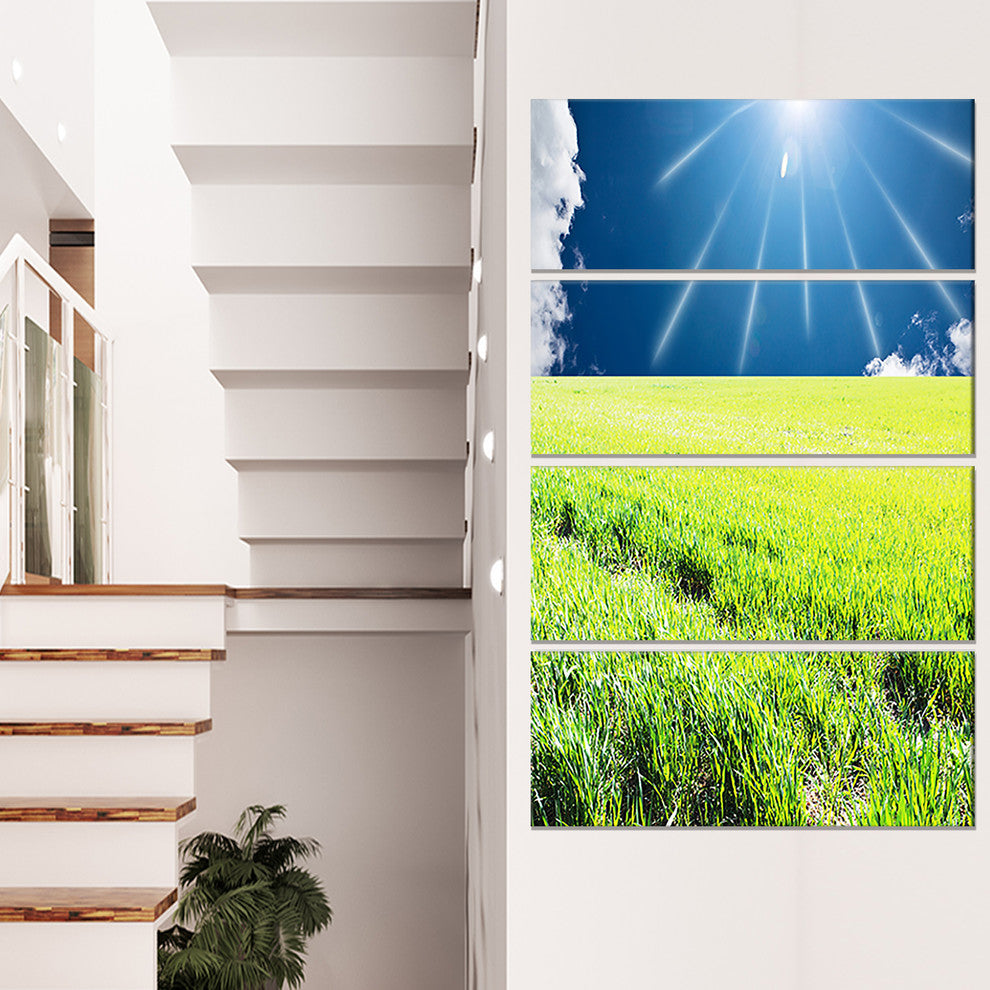 Sunny Field with Green Grassland, Landscape Canvas Art, 28"x48", 4 Panels