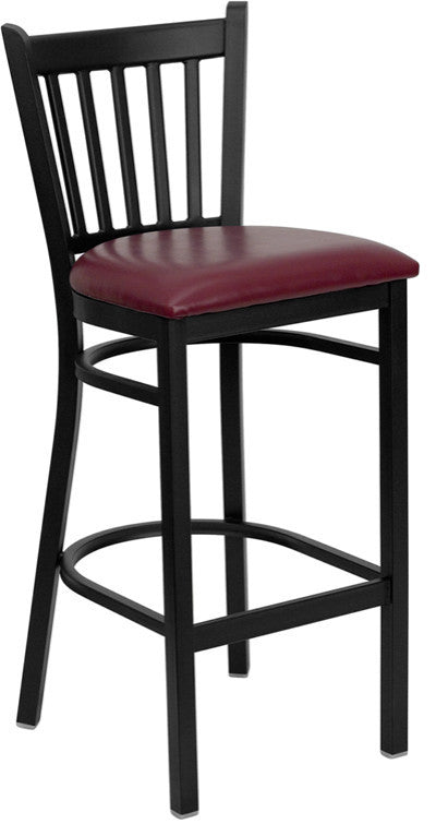 Black Vertical Back Metal Restaurant Barstool, Burgundy Vinyl Seat
