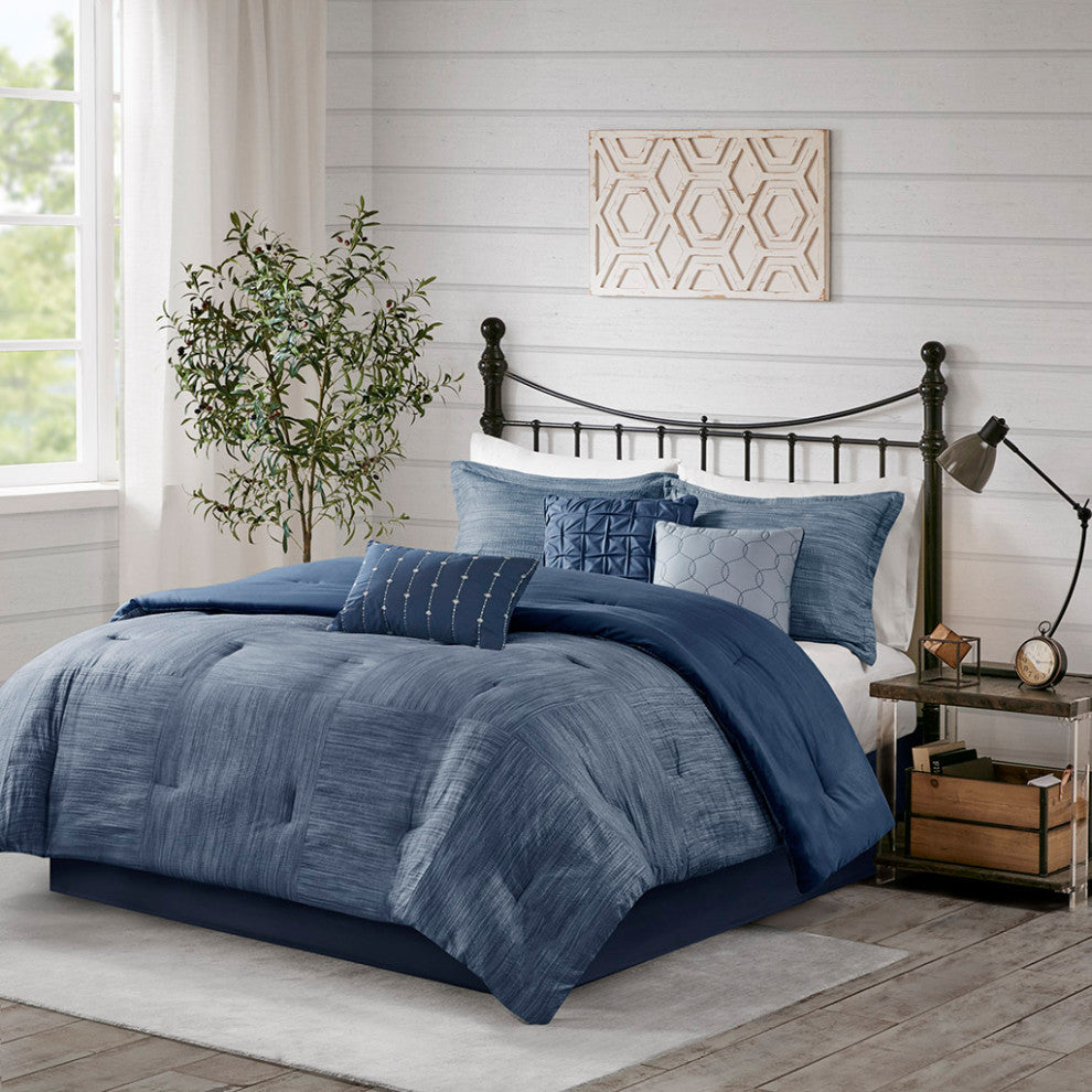 Madison Park Walter 7 Piece Printed Seersucker Comforter Set, Navy