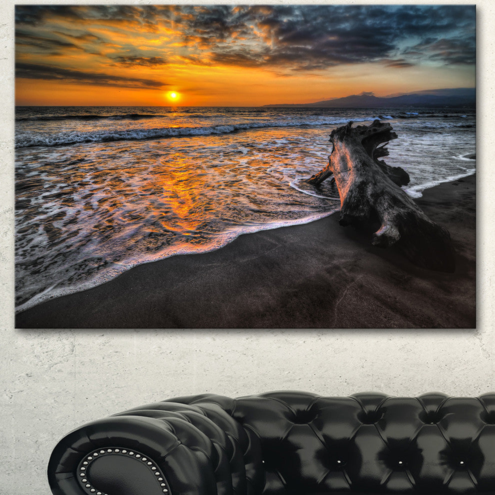 Log on Beach During Sunset, Seashore Canvas Art Print, 60"x28"