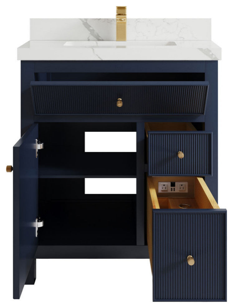 Sonoma 30 Single Sink Reeded Bath Vanity in Hale Navy Blue 2" Calacatta Laza