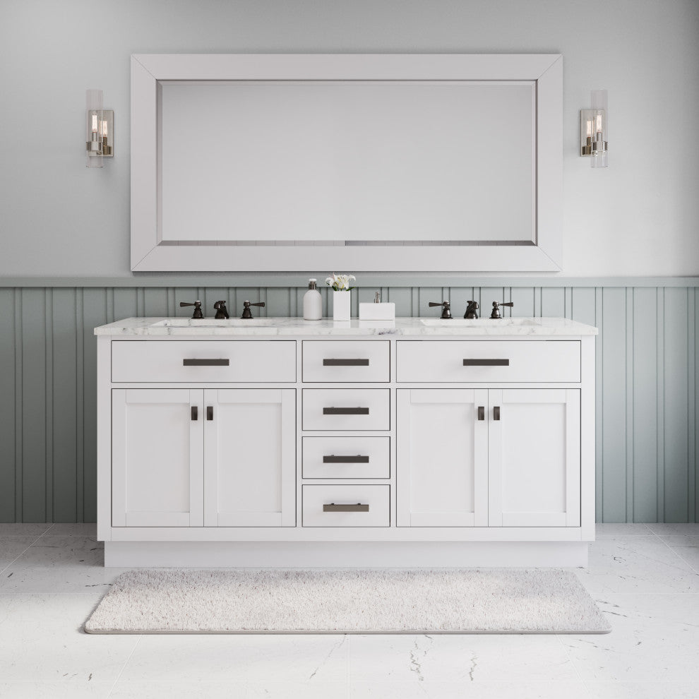 Hartford 72" Double Sink Marble Countertop Bath Vanity, White, Vanity With Large