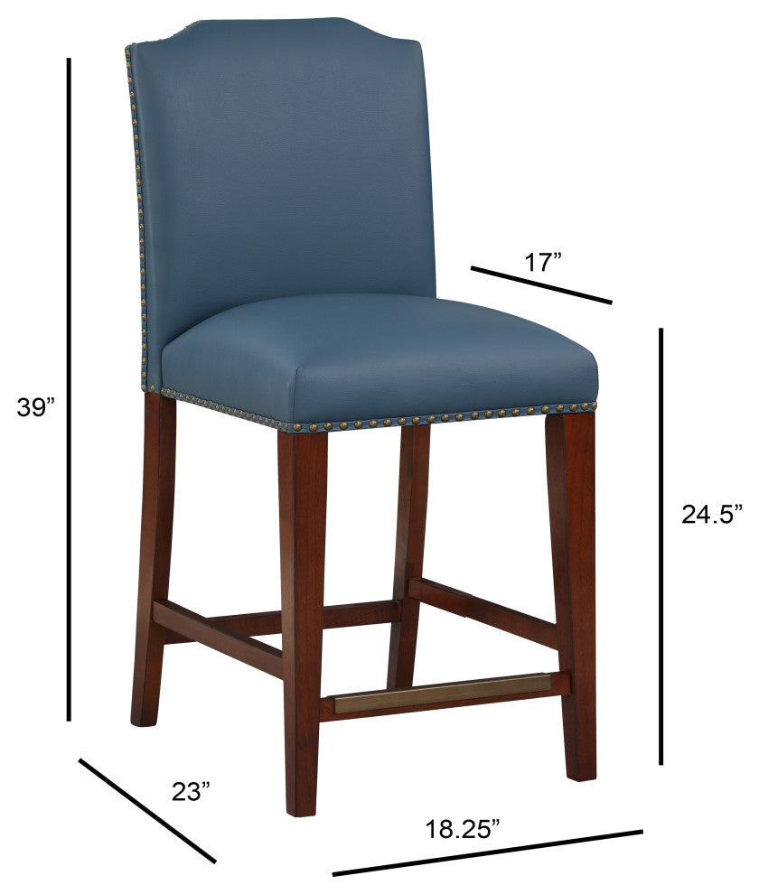 Bristol Stationary Blue Faux Leather Counter Stool with Nail Heads
