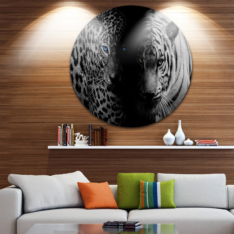 Leopard And Tiger In Black, Animal Digital Art Disc Metal Wall Art, 23"