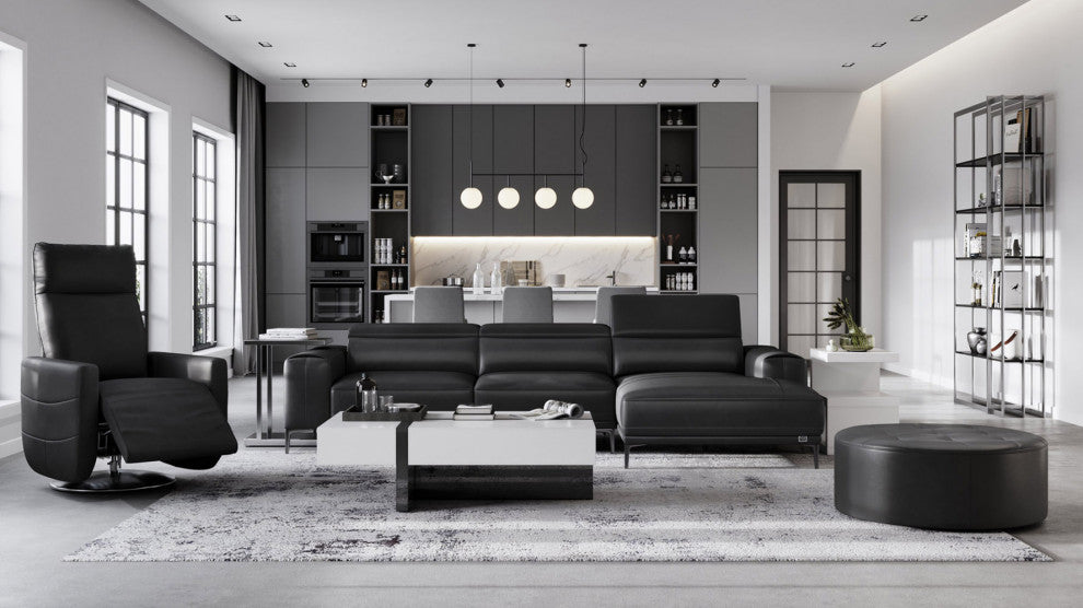 Rousso Black Leather Sectional With Ratcheting Headrests, Right Chaise