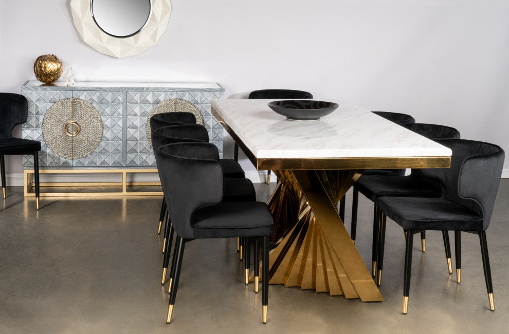 Waterfall Rectangle Marble Top Dining Table With Chairs, Silver/Black