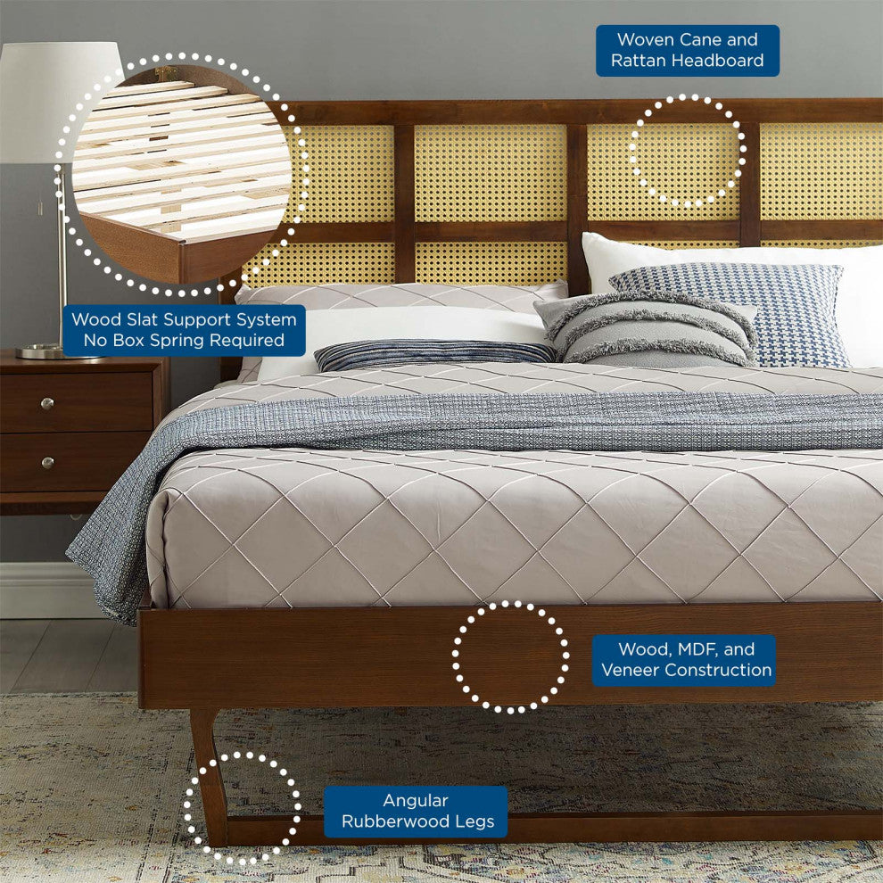 Sidney Cane and Wood Queen Platform Bed With Angular Legs Walnut
