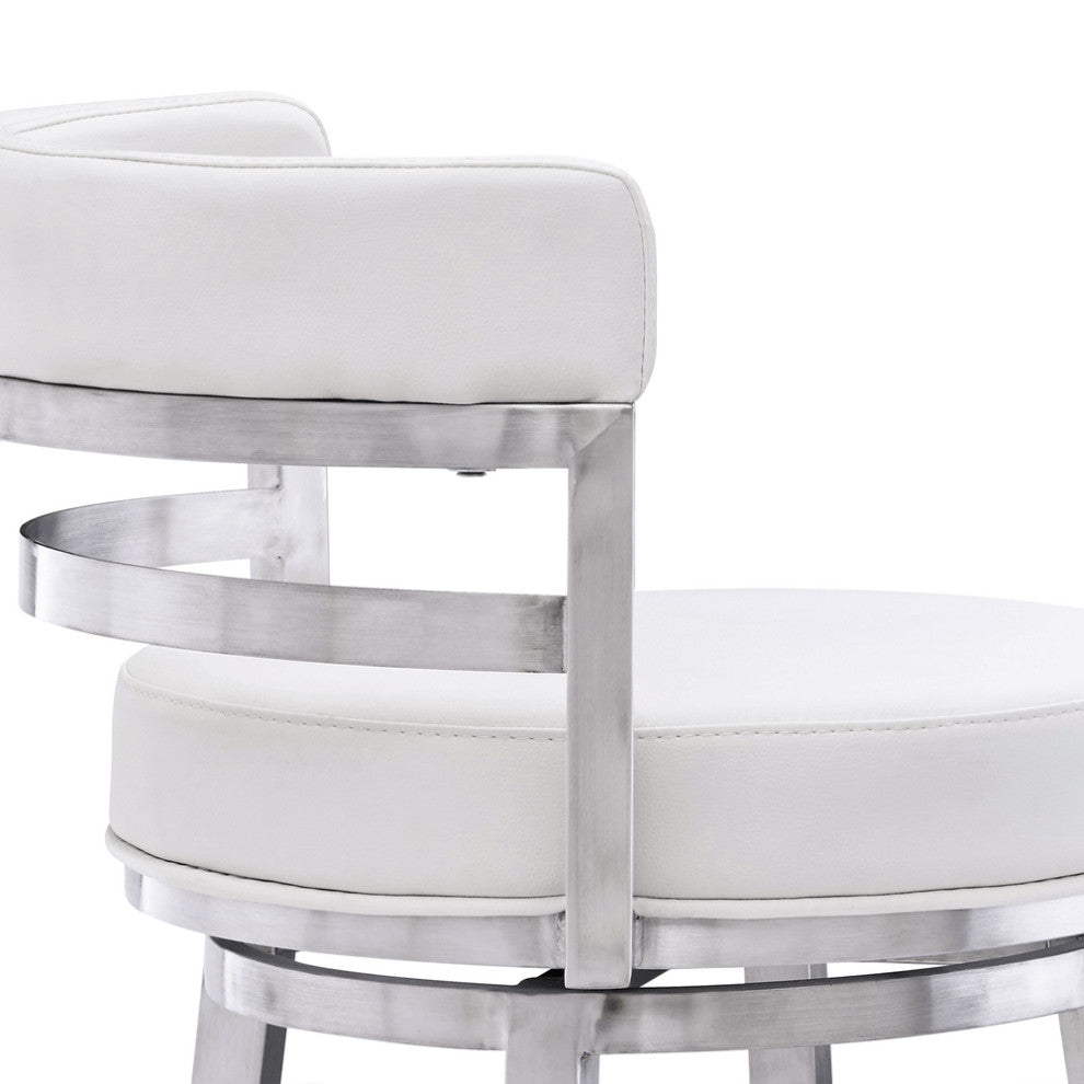 39" White And Silver Faux Leather Swivel Low Back Bar Height Chair With Footrest