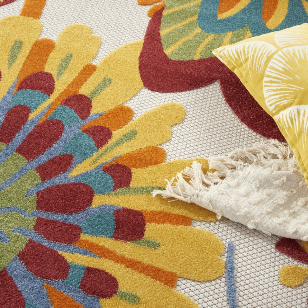 8' Round Yellow And Ivory Round Floral Indoor Outdoor Area Rug