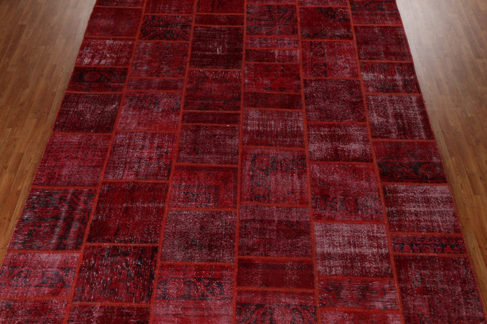Vintage Red Patchwork Turkish Area Rug Hand-tufted Wool Carpet 10x14