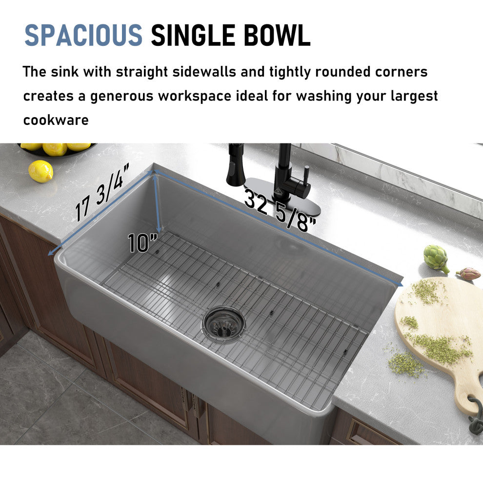 30in Single Bowl Farmhouse Apron Kitchen Sink with Bottom Grid and Strainers, 33