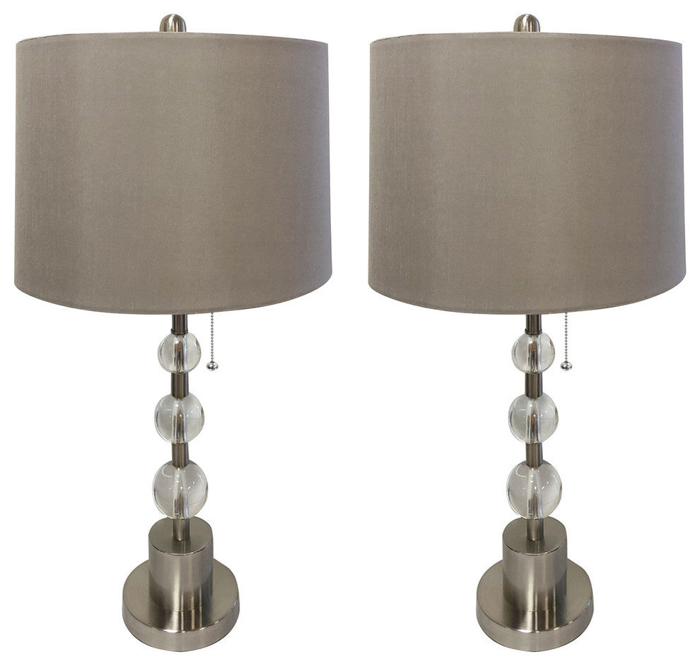 Set of 2 Brush Nickel Lamp with Crystal Ball Accents and Gray Shallow Drum Shade