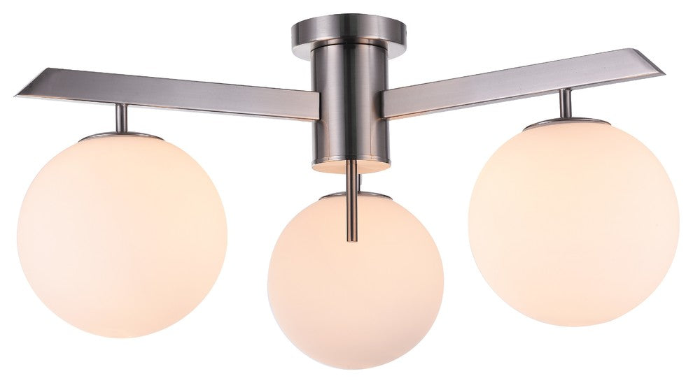Flush Mount With Milk White Glass Globes, Shiny Nickel