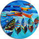 Boats In Blue Sea, Seascape Painting Round Metal Wall Art, 36"