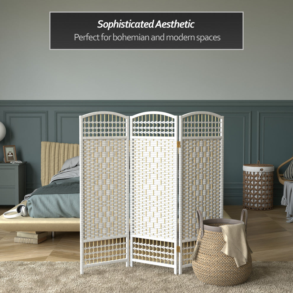 4' Tall Fiber Weave Room Divider, White, 3 Panels
