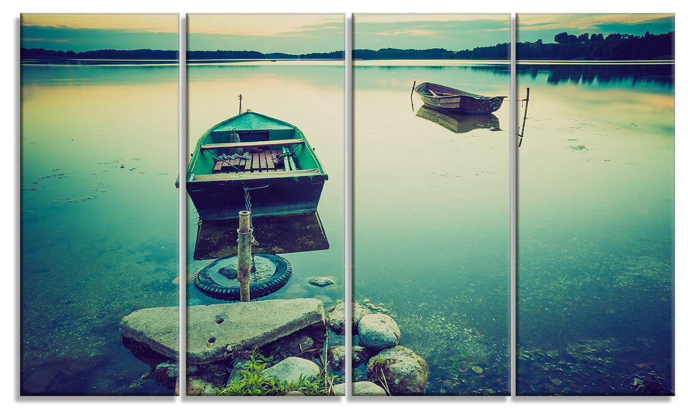 Boats in Vintage Style Lake, Boat Canvas Art Print, 48"x28", 4 Panels