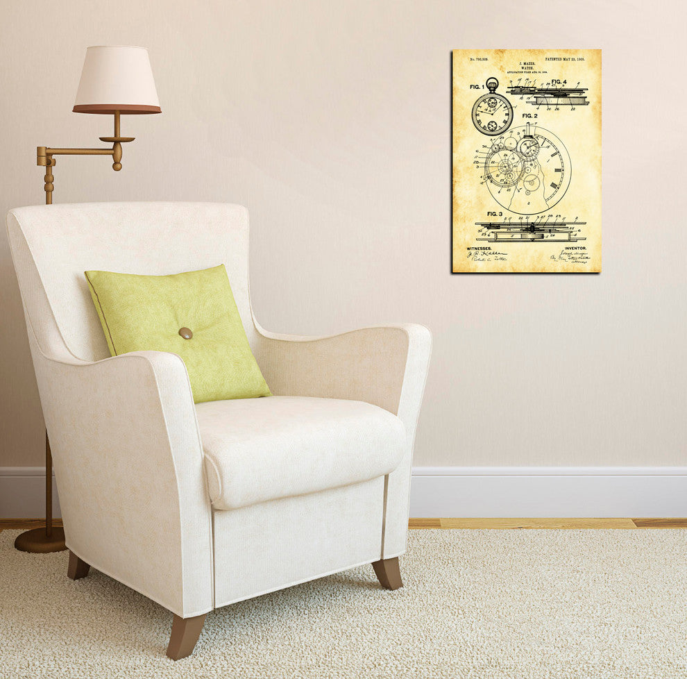 "Stopwatch Vintage Patent Blueprint" Giclee Canvas Wall Art, 12"x18"