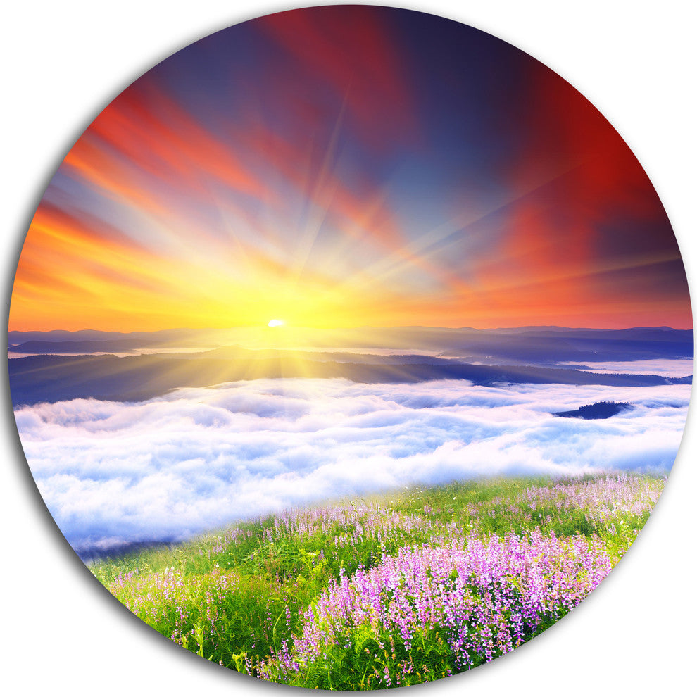 Sunrise With Blooming Flowers, Landscape Art Disc Metal Wall Art, 11"